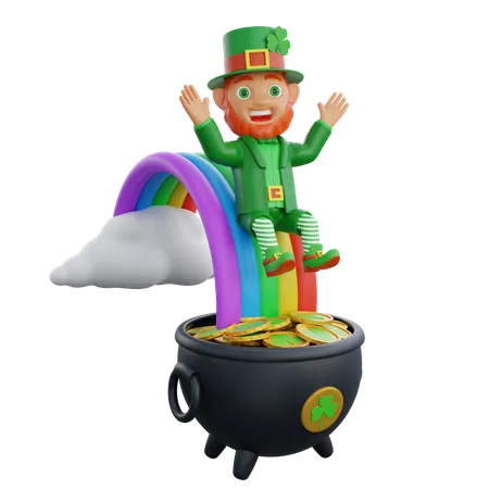 Célébration du soldat irlandais avec un arc-en-ciel de pièces d'or  3D Illustration