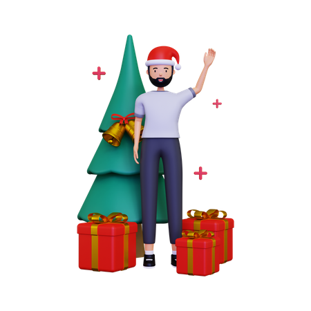 Célébration du jour de Noël avec arbre de Noël et boîte cadeau  3D Illustration