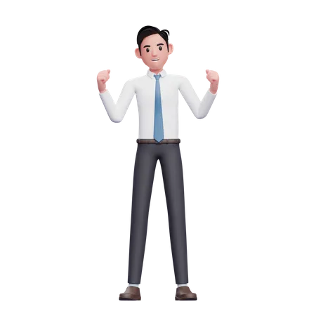 Celebration of businessman wearing long shirt and blue tie 3D Illustration