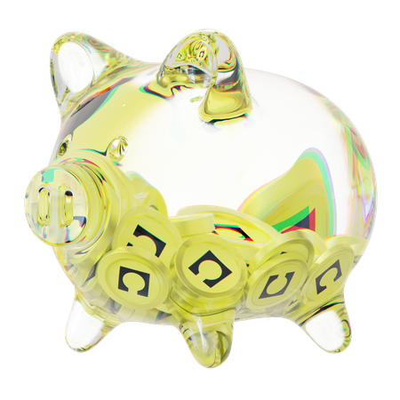 Celo Clear Glass Piggy Bank With Decreasing Piles Of Crypto Coins 3D Icon