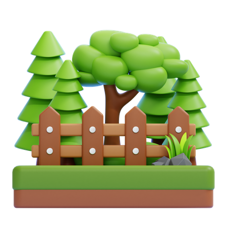 Cerca de madeira com árvores e vegetação  3D Icon