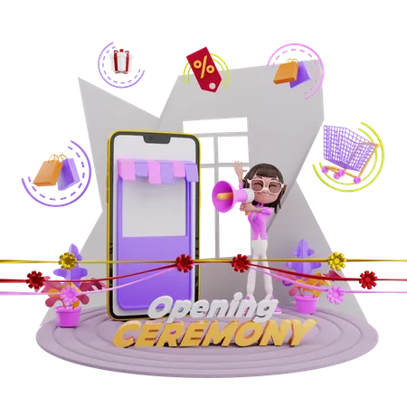 Cerimônia de inauguração da loja de compras online  3D Illustration