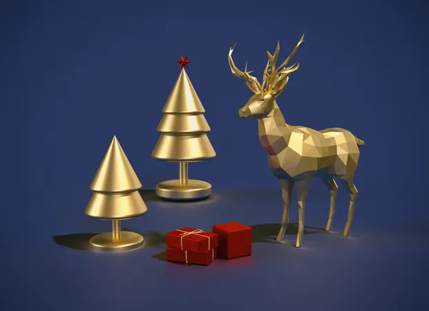 Veado Dourado De Natal Caixa De Presente Banner 3 D De Arvores De Natal 3D Illustration