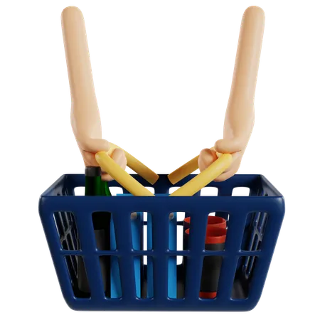 Fundamentos da cesta de compras de supermercado  3D Illustration