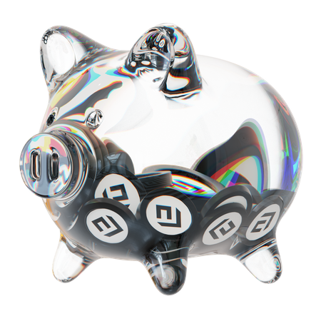 Cfx – Sparschwein aus klarem Glas mit abnehmendem Stapel an Kryptomünzen  3D Icon