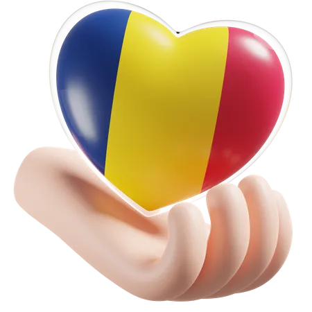 Cuidados com as mãos e coração da bandeira do Chade  3D Icon
