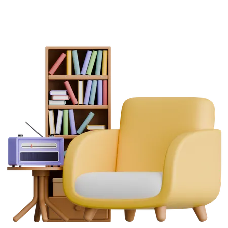 Chaise confortable avec table d'appoint et bibliothèque intérieure  3D Icon