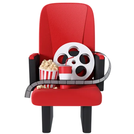 Chaise de cinéma avec pop-corn et bobine de film  3D Illustration