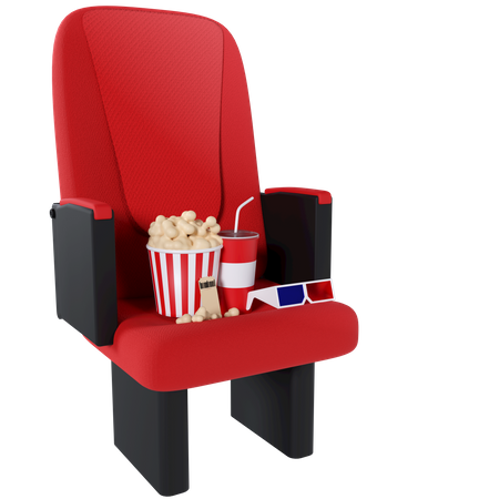 Chaise de cinéma avec pop-corn et lunettes 3D  3D Illustration