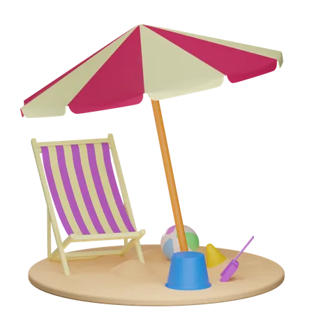 Chaise de plage et parasol  3D Illustration