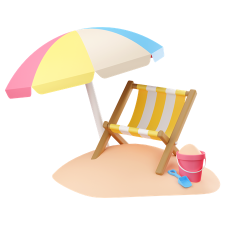 Chaise de plage rayée avec parasol  3D Icon