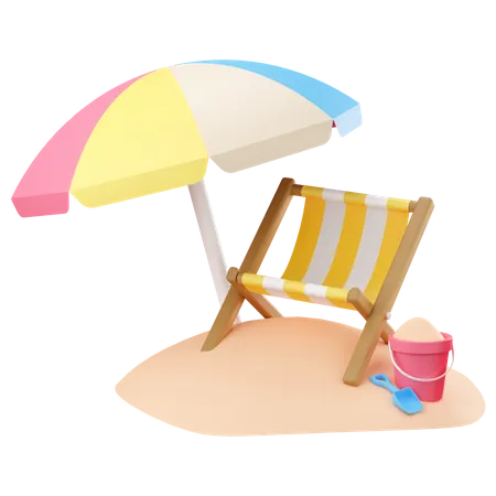 Chaise de plage rayée avec parasol  3D Icon