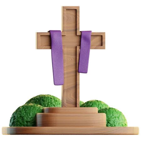 Mantón de cruz de madera con pasto.  3D Icon