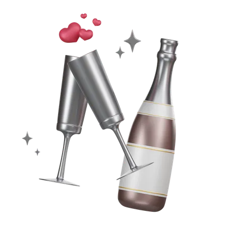 A Festive 3 D Icon Featuring A Champagne Bottle With Glasses And Floating Hearts Symbolizing Celebration And Romance 3 D Champagne Bottle And Glasses 3D Icon