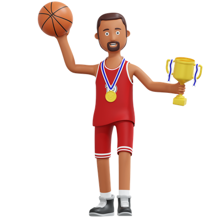 Champion de joueur de basket-ball tenant le trophée d'or  3D Icon