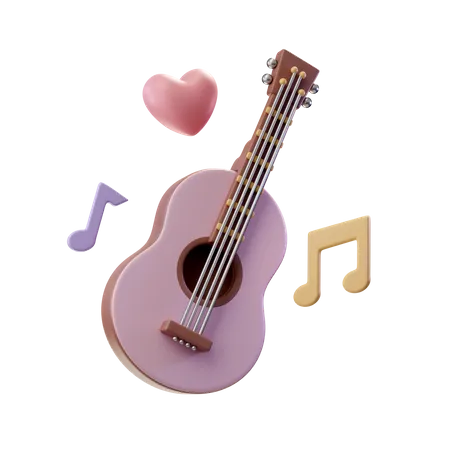 Guitare Analogique En Bois Avec Des Notes De Musique Et Un Coeur Autour 3D Illustration