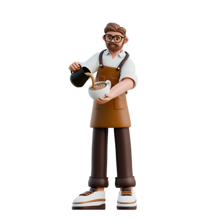 Character Barista Pouring Coffee  3D Illustration