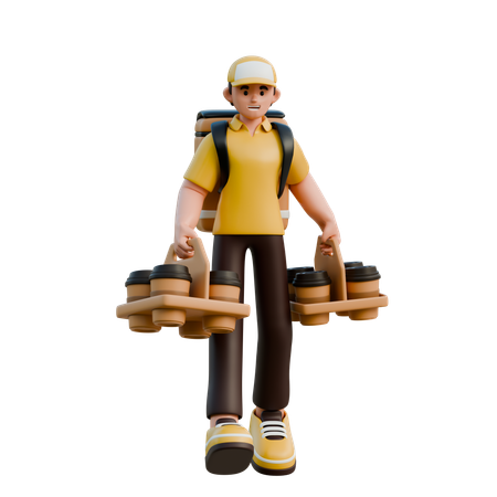 Character Delivery With Beverage Cups  3D Illustration