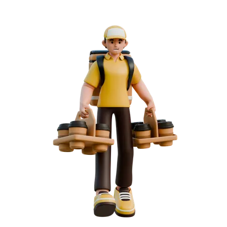 Character Delivery With Beverage Cups  3D Illustration