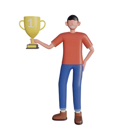 3 D Male Character Holding A Trophy 3D Illustration