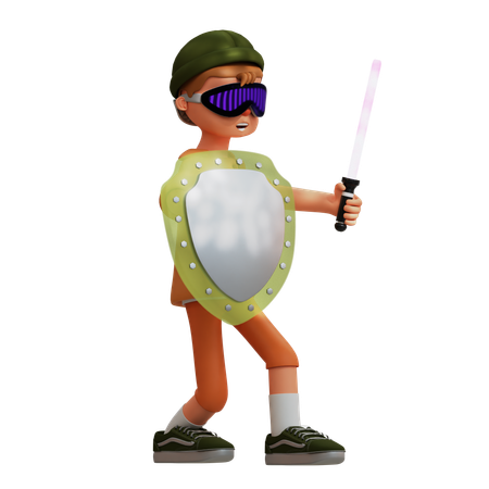 キャラクターバーチャルリアリティは盾と剣を使用する  3D Illustration