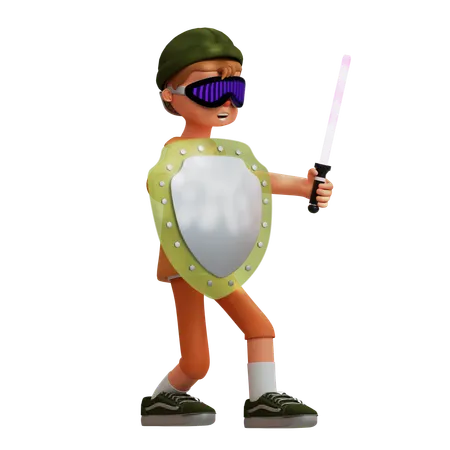 キャラクターバーチャルリアリティは盾と剣を使用する  3D Illustration