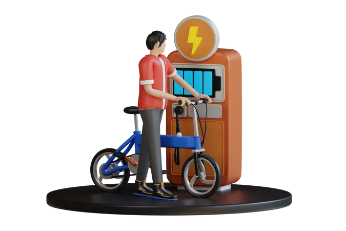 Charges The Electric Bike At Electron 3D Illustration