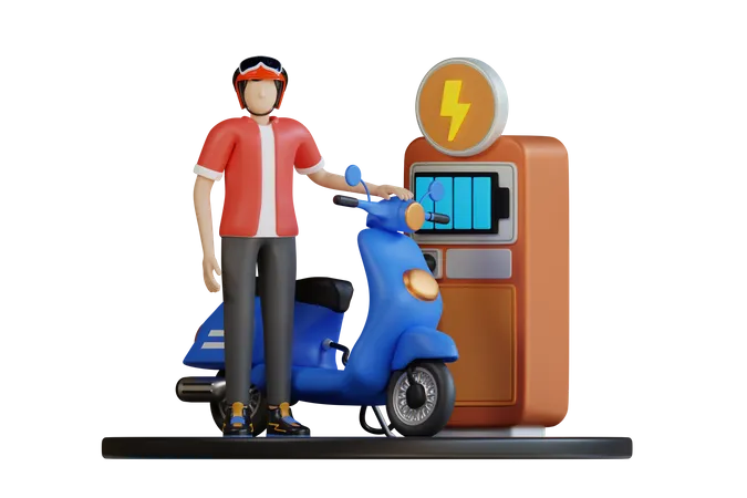 전기 오토바이를 충전하다  3D Illustration