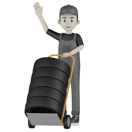 Mécanicien tenant un chariot à pneus  3D Illustration