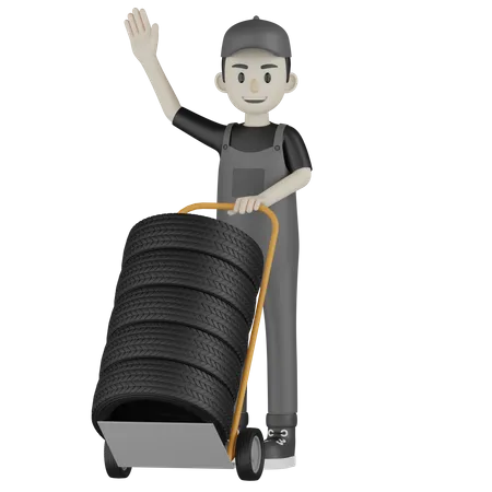 Mécanicien tenant un chariot à pneus  3D Illustration