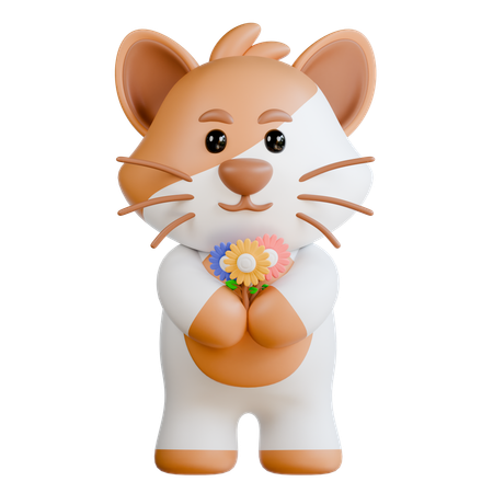 Le chat apporte des fleurs  3D Illustration