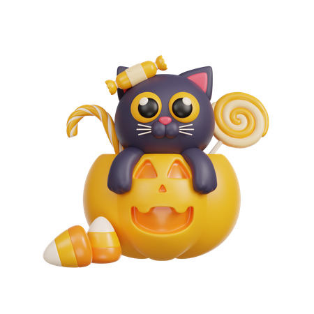 Chat noir avec des bonbons d'Halloween  3D Illustration