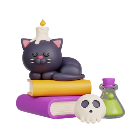 Chat noir dormant sur des livres  3D Illustration