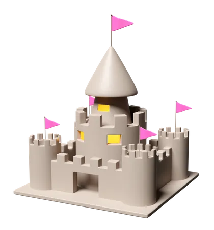 Chateau De Sable Avec Tours Fort Portes Et Drapeaux Isoles 3D Icon
