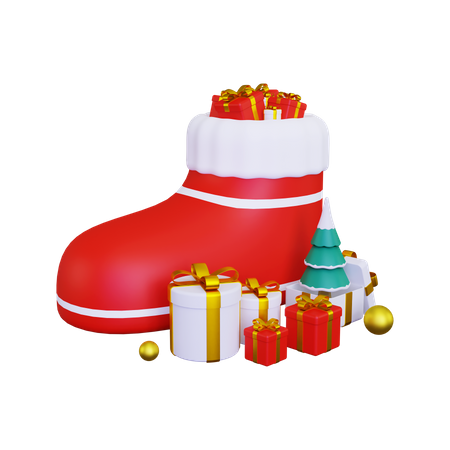 Chaussures du Père Noël avec beaucoup de cadeaux  3D Illustration