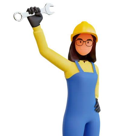 Trabalhador da construção civil feminino segurando uma chave inglesa  3D Illustration