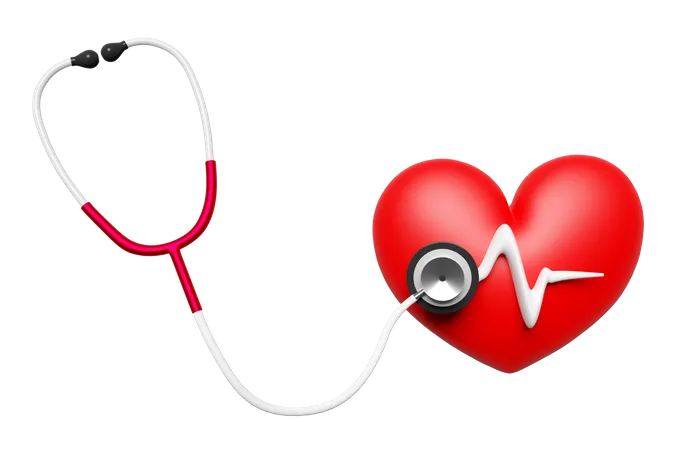 3 D Red Heart And Blood Pressure Heart Rate With Stethoscope Isolated Health Love Or World Heart Day Concept 3D Icon