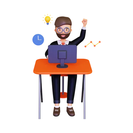 Cheerful businessman working on new business idea  3D Illustration