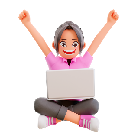 Cheerful Girl doing online learning in laptop  3D Illustration