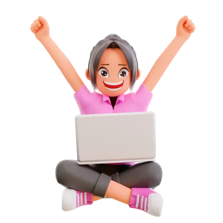 Cheerful Girl doing online learning in laptop  3D Illustration