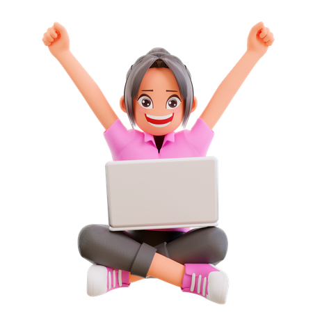 Cheerful Girl doing online learning in laptop 3D Illustration