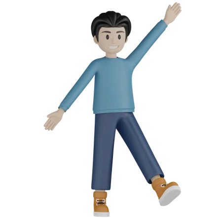 Cheerful man walking with hands up 3D Illustration