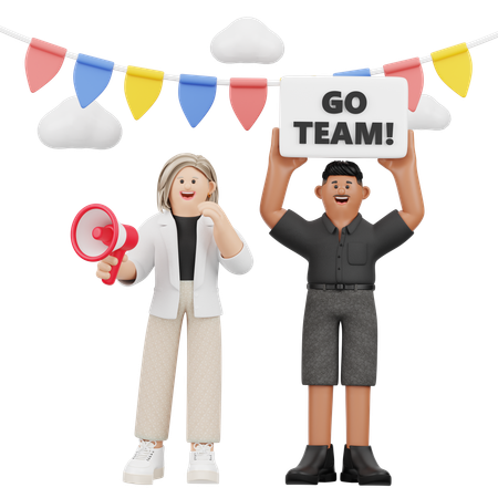 Cheering Woman And Man With Sign  3D Illustration