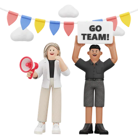 Cheering Woman And Man With Sign  3D Illustration