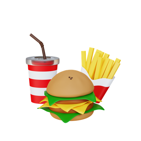 Cheeseburger, batatas fritas e refrigerante  3D Illustration