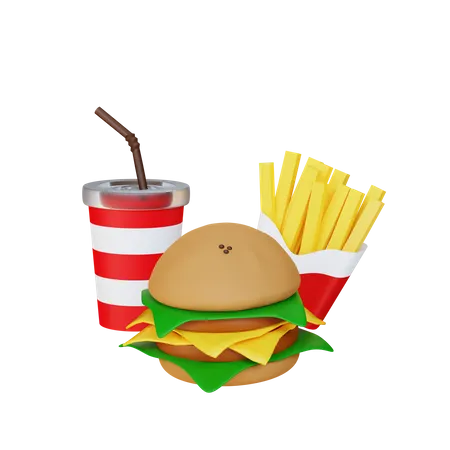 Cheeseburger, batatas fritas e refrigerante  3D Illustration