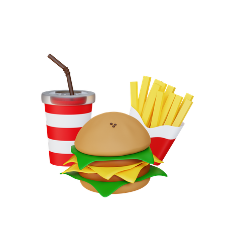 Cheeseburger French Fries And Soft Drink 3D Illustration