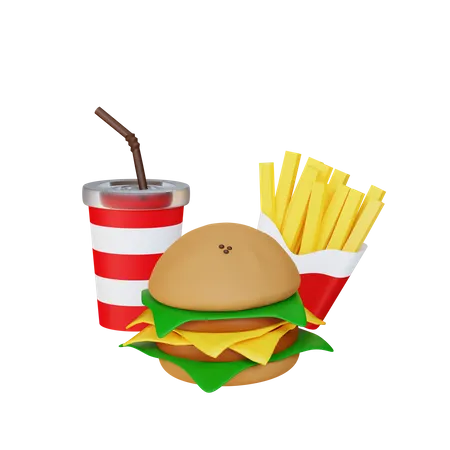Cheeseburger French Fries And Soft Drink 3D Illustration