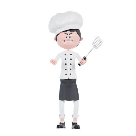 3 D Cartoon Chef Angry Pose With Spatula 3D Illustration