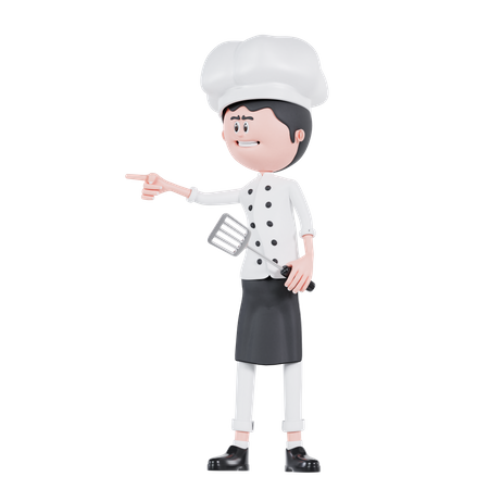 Chef apontando para a direita com espátula  3D Illustration